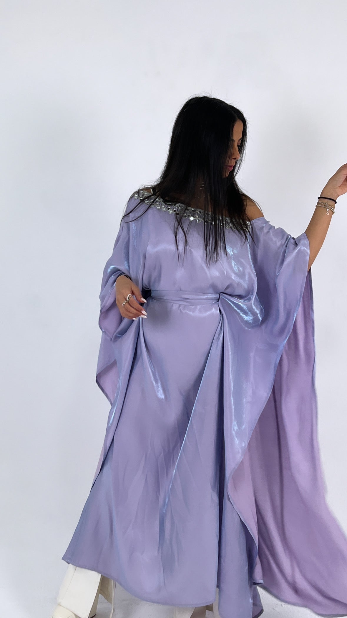 Lavender off shoulder metallic dress
