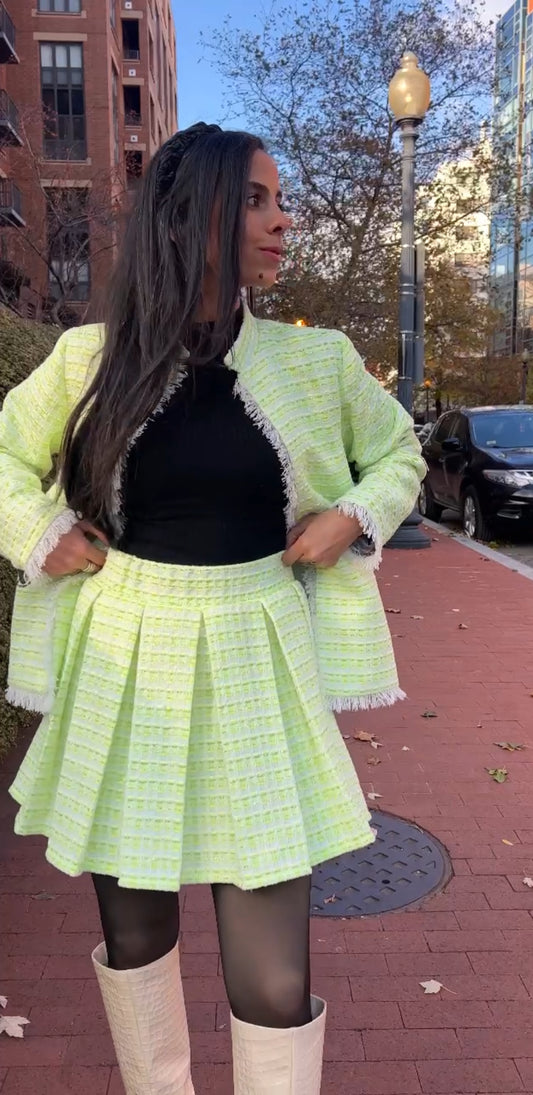 Lime tweed skirt.