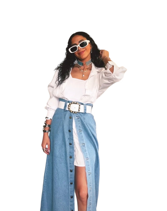 Buttoned long denim skirt